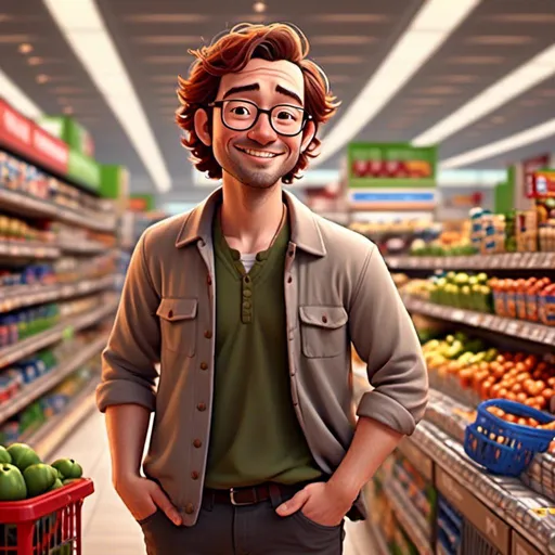 Prompt: <mymodel> thomas, 34-year-old man with glasses, messy brown hair,  casual attire,  full body in picture, sanding in lane at the check-out of a supermarket,  inviting atmosphere,4K ultra-detailed image, focusing on the everyday life of a professional.,  happy expression,  ,  ultra-detailed, high-resolution, realistic textures, professional but relaxed environment.