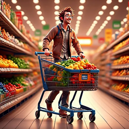 Prompt: <mymodel>(mymodel) pushing a shopping cart in a vibrant grocery store, filled with colorful groceries, bright cereal boxes, joyful atmosphere, (realistic, dynamic action), detailed expressions, engaging scene, grocery aisle prominently featured, soft warm lighting highlighting the products, high resolution, ultra-detailed image reflecting daily life activity.