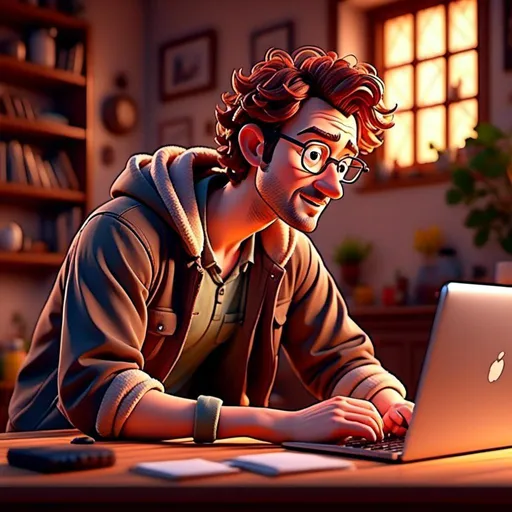 Prompt: <mymodel>(home office scene), (Thomas working on a laptop)