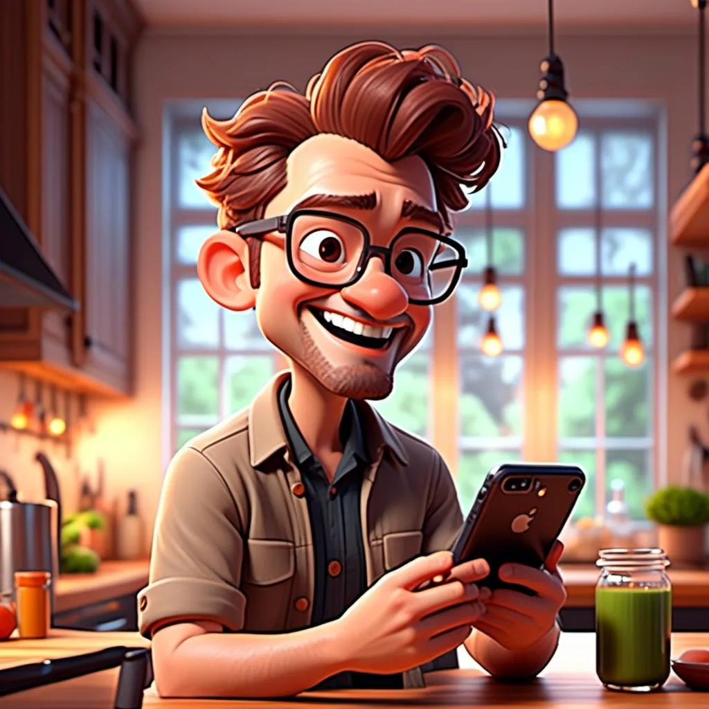 Prompt: <mymodel>(character sitting on a barstool, shoulder view, looking at his phone), happy expression, browsing recipes, cozy kitchen ambiance, modern kitchen island, minimalistic design elements, warm lighting, soft color tones, inviting atmosphere, culinary inspiration, ultra-detailed, high-resolution, realistic textures, comfortable and relaxed environment.