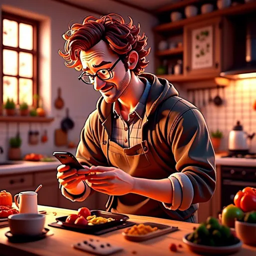 Prompt: <mymodel> cooking a recipe he is checking on his phone
