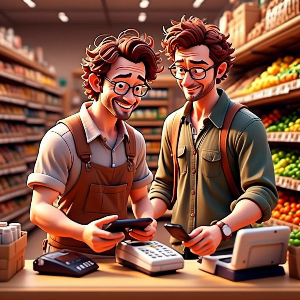 Prompt: <mymodel> at the cash register of the grocery store. getting his phone scannede with a barcode scanner by the cashier   