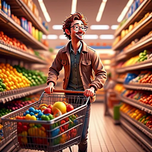 Prompt: <mymodel>(mymodel) pushing a shopping cart in a vibrant grocery store, filled with colorful groceries, bright cereal boxes, joyful atmosphere, (realistic, dynamic action), detailed expressions, engaging scene, grocery aisle prominently featured, soft warm lighting highlighting the products, high resolution, ultra-detailed image reflecting daily life activity.