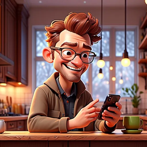 Prompt: <mymodel>(character sitting on a barstool, shoulder view, looking at his phone), happy expression, browsing recipes, cozy kitchen ambiance, modern kitchen island, minimalistic design elements, warm lighting, soft color tones, inviting atmosphere, culinary inspiration, ultra-detailed, high-resolution, realistic textures, comfortable and relaxed environment.