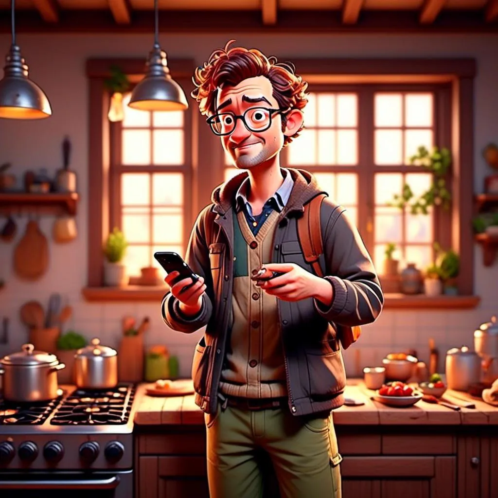 Prompt: <mymodel> cooking , holding a wooden spoon in left hand and his phone is his right hand