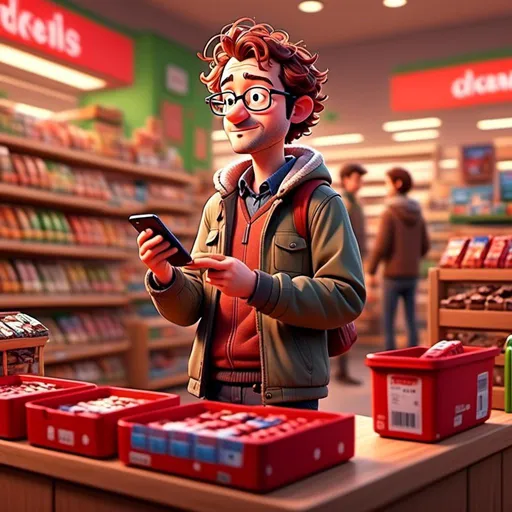 Prompt: <mymodel> at the cash register of the grocery store. buying 5 bars of chocolate in red wrappers 
, showing his phone to the cashier