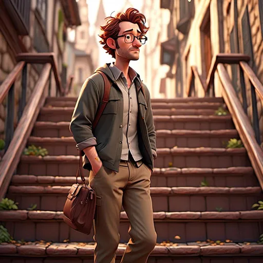 Prompt: <mymodel> thomas, 34-year-old man with glasses, messy brown hair,  casual attire,  full body in picture, walkingup the stairs , she is looking over his shoulder,  inviting atmosphere,4K ultra-detailed image, focusing on the everyday life of a professional.,  happy expression,  ,  ultra-detailed, high-resolution, realistic textures, professional but relaxed environment.