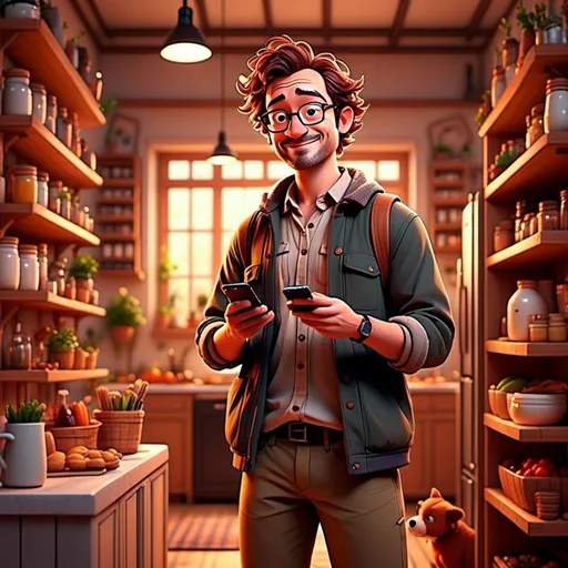 Prompt: <mymodel>

Thomas, m standing in front off half filled pantry, , looking at his phone), happy expression, making a shopping list on his phone,   cozy ambiance, modern kitchen pantry, open half filled fridge and pantry, minimalistic design elements, warm lighting, soft color tones, inviting atmosphere, culinary inspiration, ultra-detailed, high-resolution, realistic textures, comfortable and relaxed environment.

