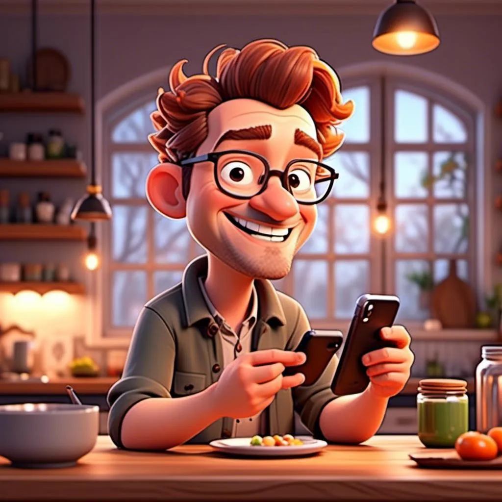 Prompt: <mymodel>(character sitting on a barstool, shoulder view, looking at his phone), happy expression, browsing recipes, cozy kitchen ambiance, modern kitchen island, minimalistic design elements, warm lighting, soft color tones, inviting atmosphere, culinary inspiration, ultra-detailed, high-resolution, realistic textures, comfortable and relaxed environment.