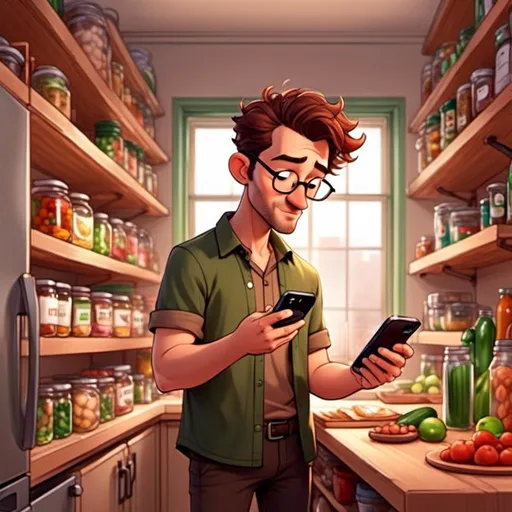 Prompt: <mymodel> (character, messy brown hair and glasses standing in front off half filled pantry, shoulder view, looking at his phone), happy expression, making a shopping list on his phone, wearing a brown casual shirt with a green collared shirt underneath, cozy ambiance, modern kitchen pantry, open half filled fridge and pantry, minimalistic design elements, warm lighting, soft color tones, inviting atmosphere, culinary inspiration, ultra-detailed, high-resolution, realistic textures, comfortable and relaxed environment.
