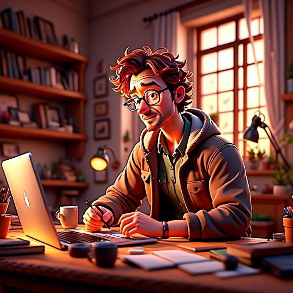 Prompt: <mymodel>(home office scene), (Thomas working on a laptop)