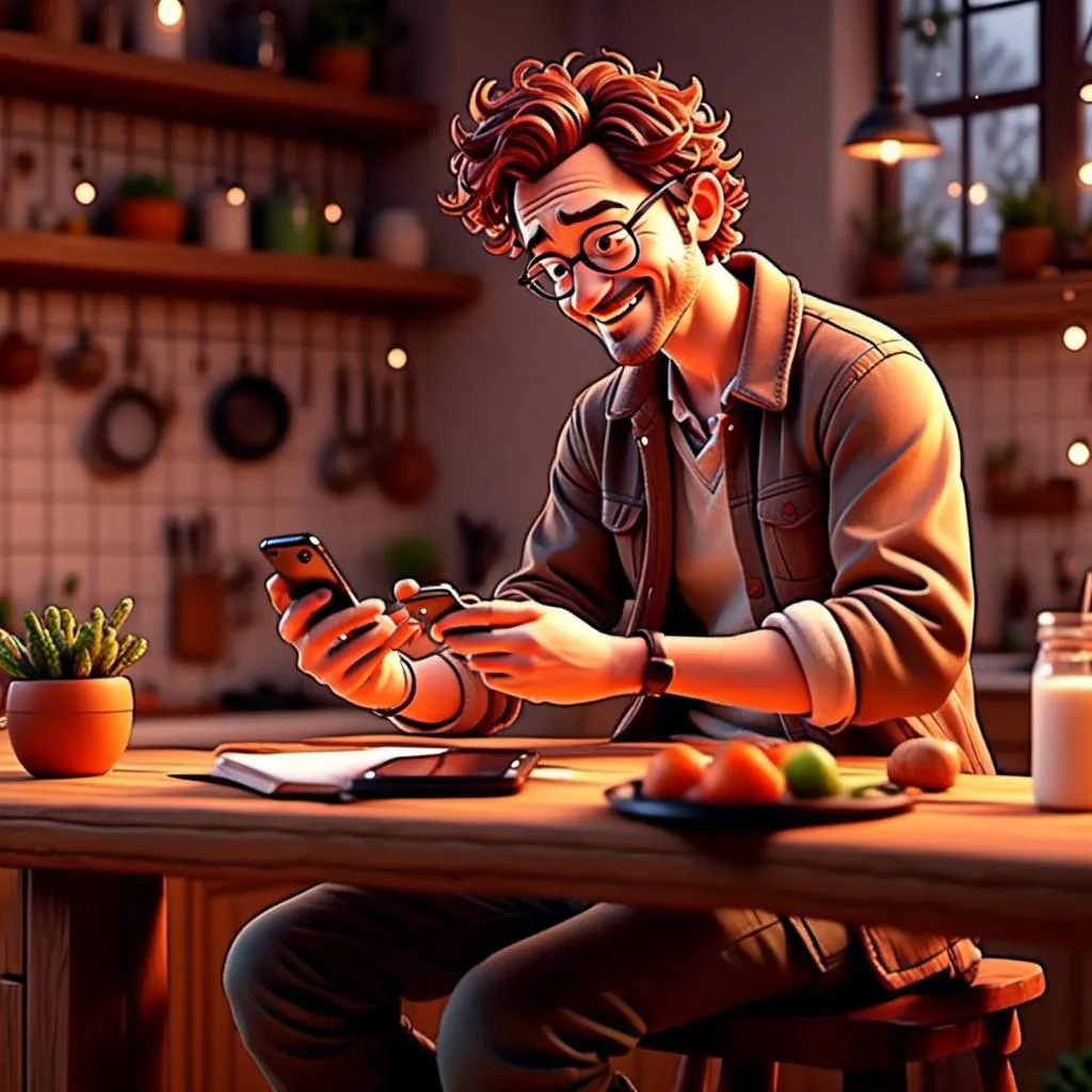 Prompt: <mymodel>  Thomas sitting on a barstool, shoulder view, looking at his phone, happy expression, browsing recipes in the kitchen

