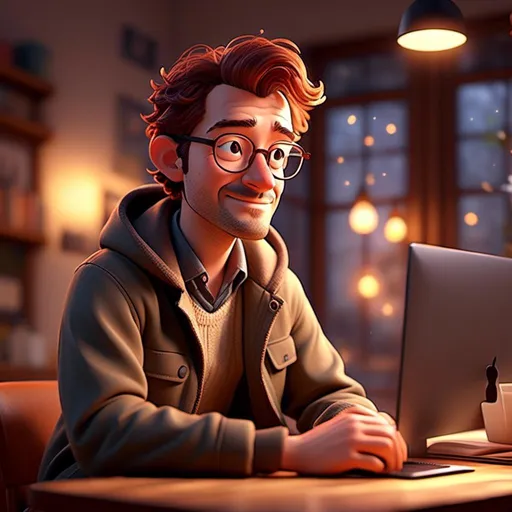 Prompt: <mymodel> thomas, 34-year-old man with glasses, messy brown hair,  casual attire, glowing warm light, inviting atmosphere,4K ultra-detailed image, cozy and homey vibe, focusing on the everyday life of a professional.,  happy expression,  , warm lighting, soft color tones, inviting atmosphere,  ultra-detailed, high-resolution, realistic textures, comfortable and relaxed environment.