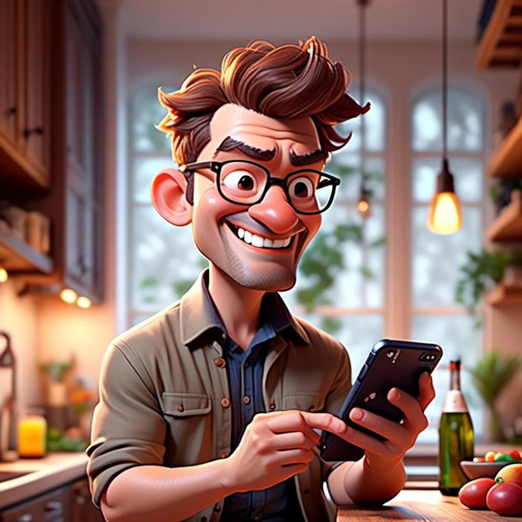 Prompt: <mymodel>(character sitting on a barstool, shoulder view, looking at his phone), happy expression, browsing recipes, cozy kitchen ambiance, modern kitchen island, minimalistic design elements, warm lighting, soft color tones, inviting atmosphere, culinary inspiration, ultra-detailed, high-resolution, realistic textures, comfortable and relaxed environment.