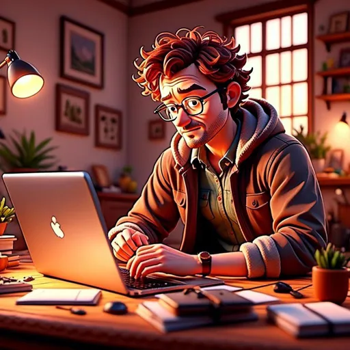 Prompt: <mymodel>(home office scene), (Thomas working on a laptop)