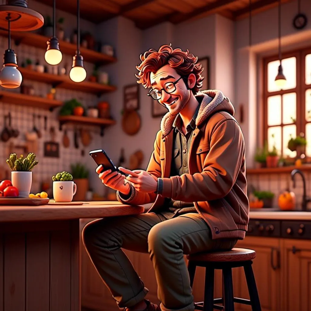 Prompt: <mymodel>  Thomas sitting on a barstool, shoulder view, looking at his phone, happy expression, browsing recipes in the kitchen

