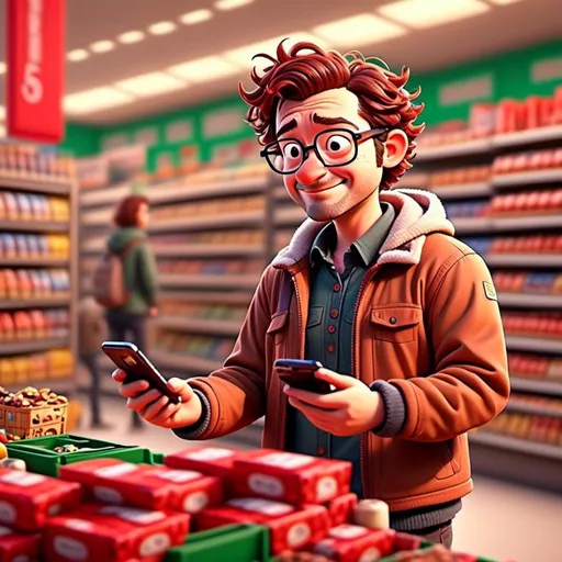 Prompt: <mymodel> at the cash register of the grocery store. buying 5 bars of chocolate in red wrappers 
, showing his phone to the cashier