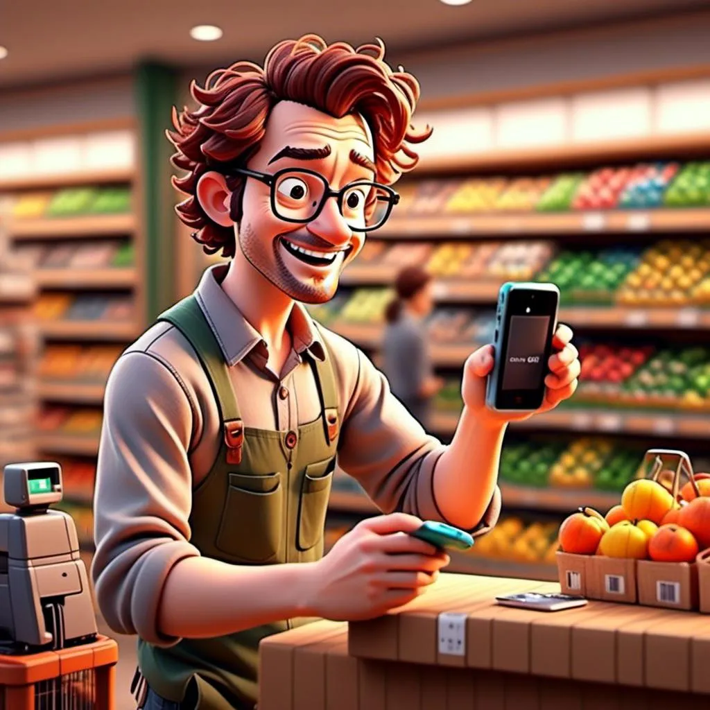 Prompt: <mymodel> at the cash register of the grocery store. getting his phone scannede with a barcode scanner by the cashier   