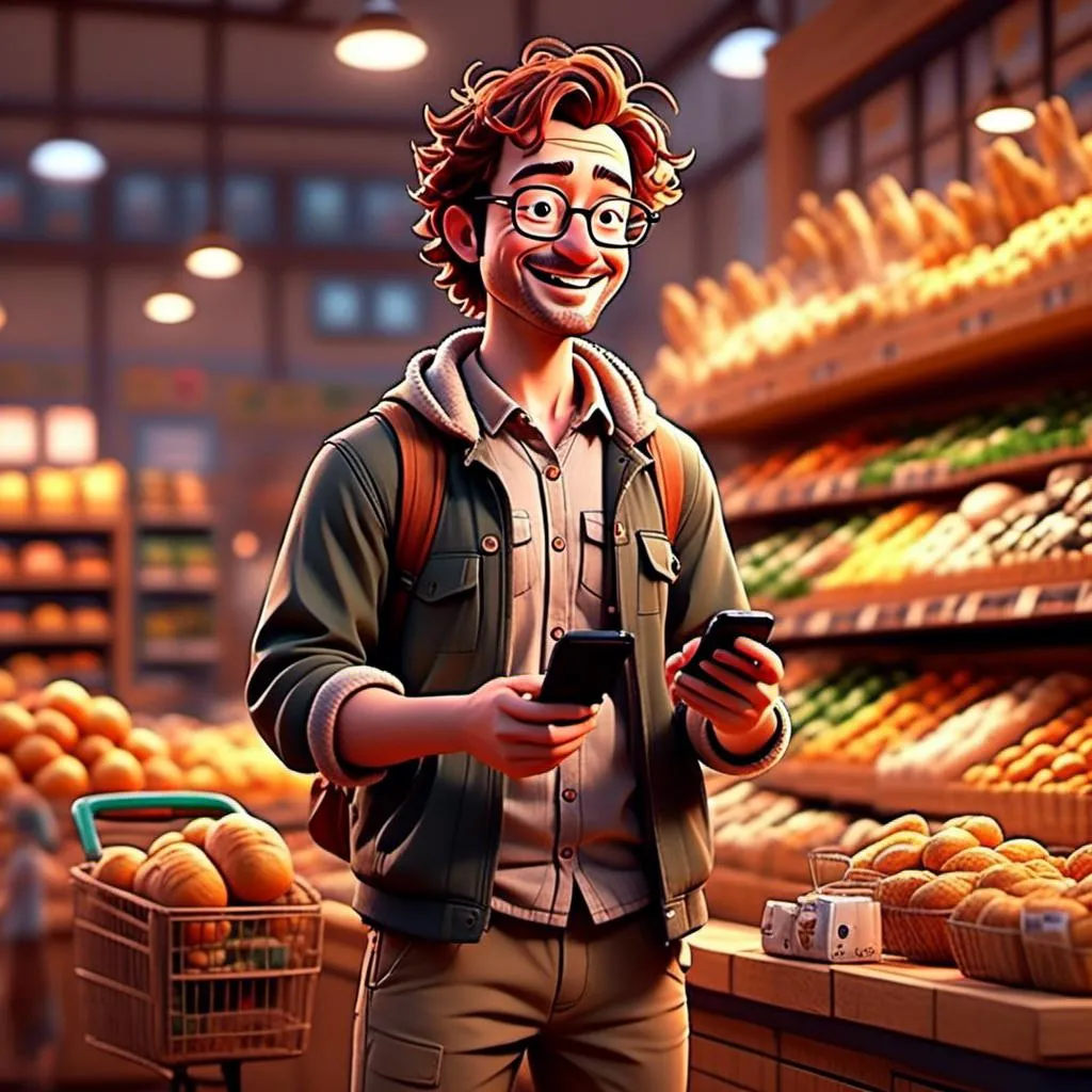 Prompt: <mymodel> at the cash register of the grocery store. buying 5 loafs of bread, showing his phone to the cashier
