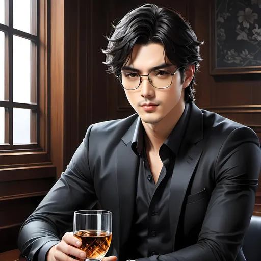 Prompt: A handsome dark-hair guy wearing a glass, by artist "Kentaro Miura"