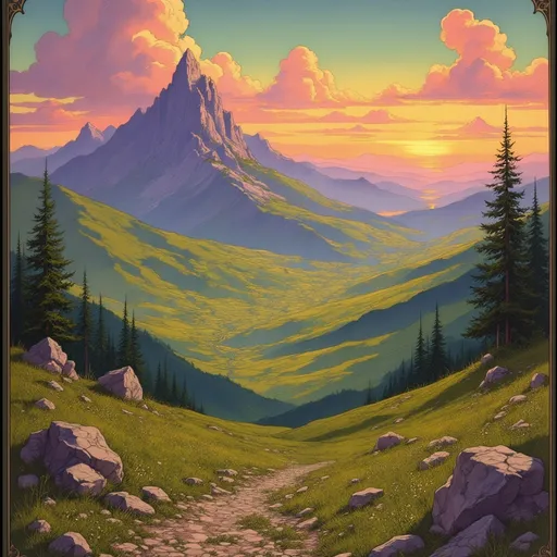 Prompt: a lush, rolling valley stretches out beneath a twilight sky. The foreground is dotted with wildflowers and rocky paths, leading toward distant hills and a prominent, spire-like mountain in the background. The soft sunset colors and scattered clouds create a serene, almost enchanted atmosphere.