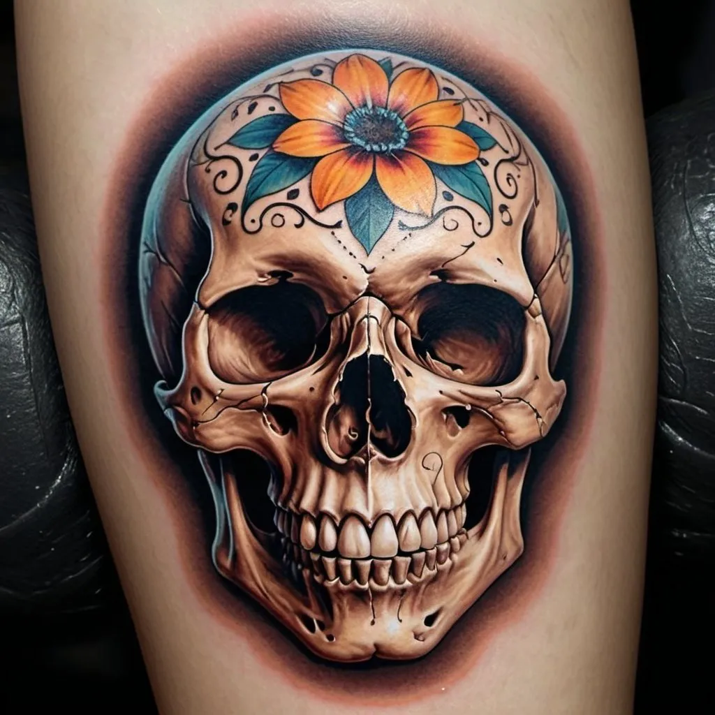 Prompt: Skull tattoo on skin, colorful, high resolution, detailed shading, hyper-realistic, fine art, crisp lines, intricate details, high contrast, professional quality,  dramatic lighting, realistic texture, ultra-detailed, fine art, hyper-realism