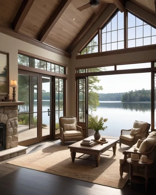 Prompt: Waterfront home, serene lake setting, sunlit interiors, high quality, realistic, serene, natural lighting