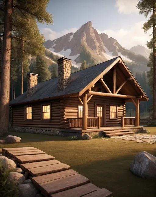 Prompt: Photorealistic traditional cabin, detailed wood texture, scenic mountain backdrop, cozy ambiance, warm lighting, realistic design, professional