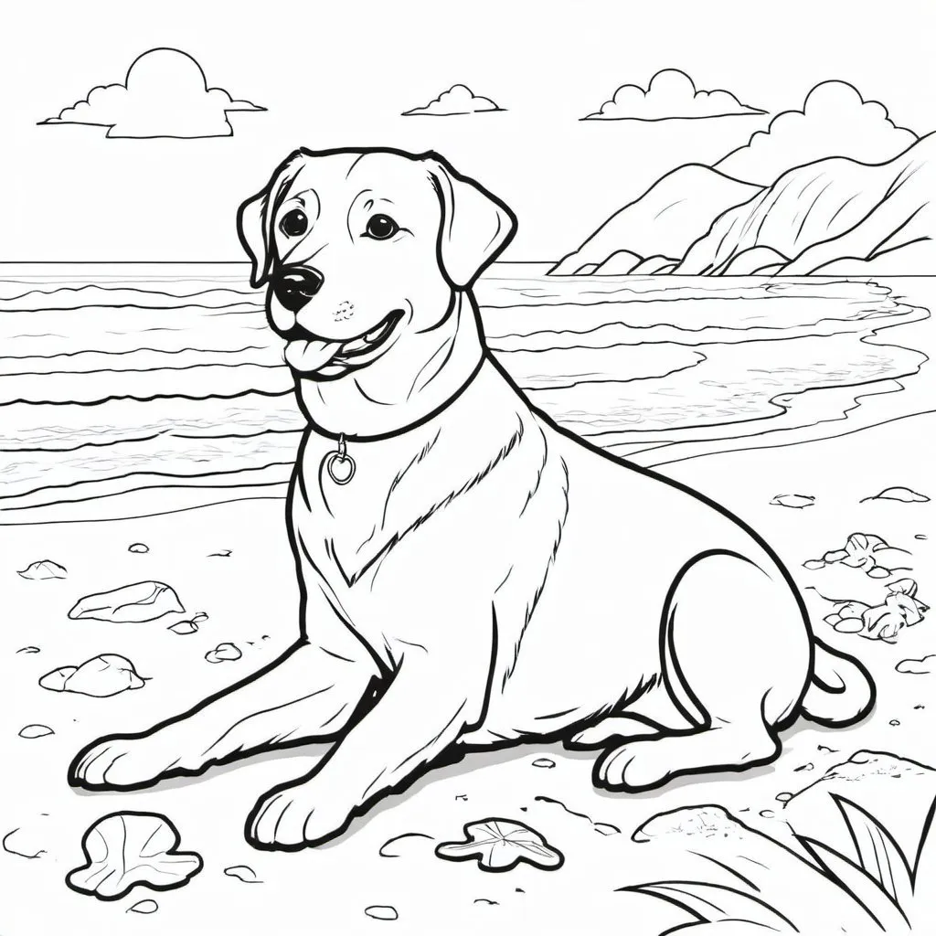 Prompt: <mymodel> laborador dog enjoying the sunshine on a beach, coloring book, black and white line illustration for coloring book, empty coloring book, flat, vector, 2D, production ready flat coloring black and white drawing