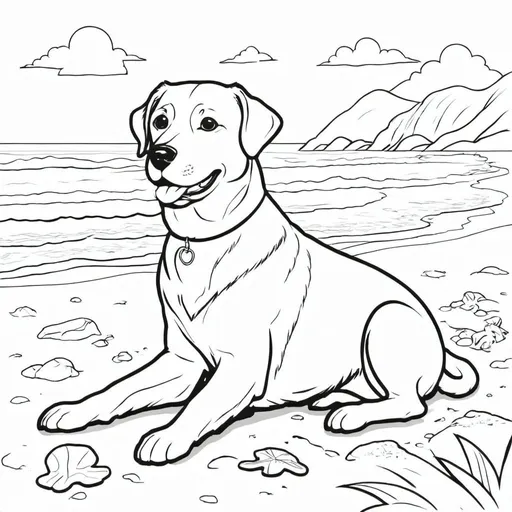 Prompt: <mymodel> laborador dog enjoying the sunshine on a beach, coloring book, black and white line illustration for coloring book, empty coloring book, flat, vector, 2D, production ready flat coloring black and white drawing