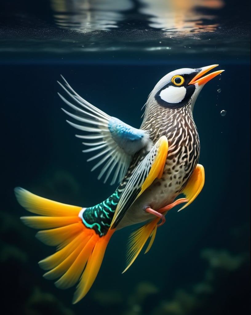 Prompt: fish-bird hybrid animal, mixture of fish and bird, bird with fish texture under water, high quality, atmospheric lighting