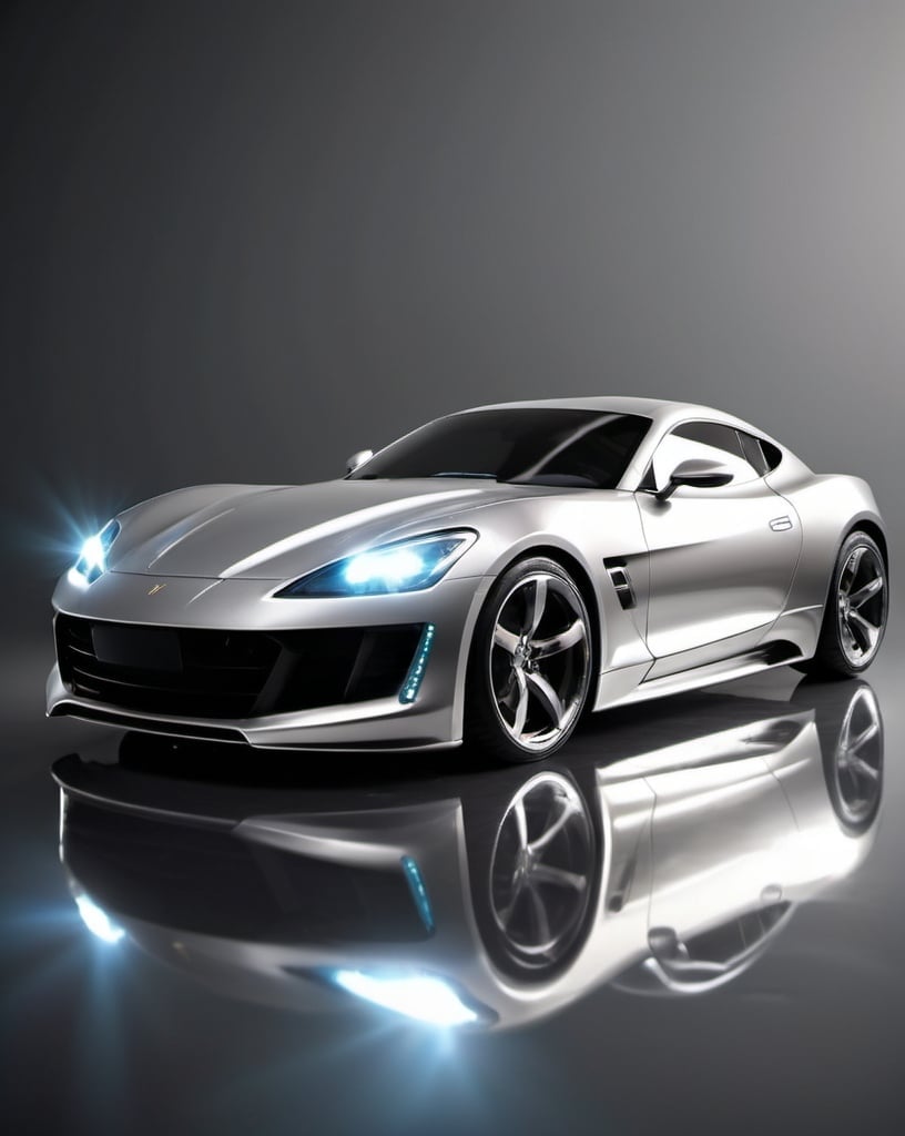 Prompt: Sports car, glossy metallic finish, lights reflecting on the car, dynamic and sleek design, high quality, dynamic design