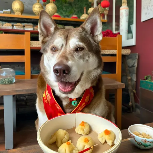 Prompt: <mymodel> luci wearing a chinese new year costume for year of dragon, red, looking happy, eating dumplings from her food bowl