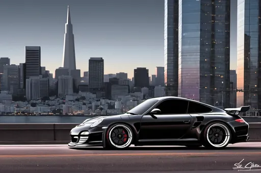 Prompt: black supercar, porsche 997.2, cyberpunk style, sleek, san francisco, cityscape, drawing, dark background, night, the only colors present are black and silver