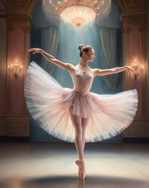 Prompt: Breathtaking ballet solo in a grand theater, elegant ballerina in motion, fine art oil painting, intricate costume details, graceful movements captured in high definition, classical art style, soft pastel hues, ethereal and dreamy lighting, 4k, oil painting, ballet solo, grand theater, elegant motion, intricate details, high definition, classical art, soft pastel hues, ethereal lighting