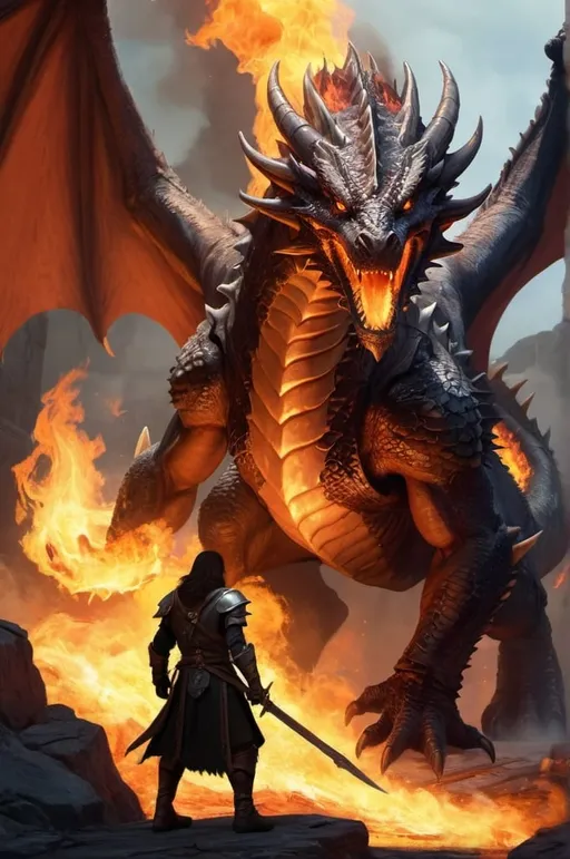 Prompt: a warrior encounters a dragon, flames effect, details clothes, highly detailed scene, fantasy character art, digital illustration, dnd