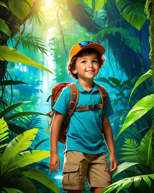 Prompt: kid adventure in jungle, front of kid, vibrant and detailed foliage, high-res, high quality, teenage explorer, jungle adventure, atmospheric lighting