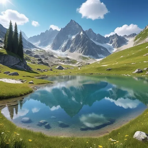 Prompt: Majestic mountain landscape, vibrant alpine meadows, crystal clear glacial lakes, breathtaking panoramic view, high quality, realistic, immersive, natural lighting