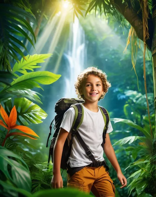 Prompt: teenage kid adventure in jungle, front of kid, vibrant and detailed foliage, high-res, high quality, teenage explorer, jungle adventure, atmospheric lighting