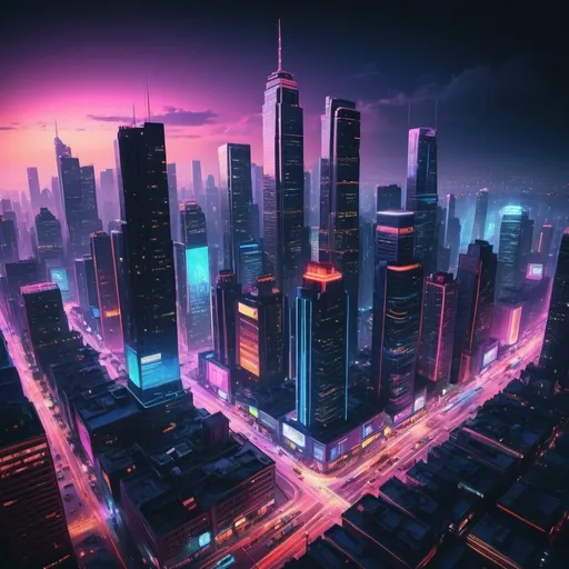Prompt: realistic cityscape at night, vibrant neon lights, skyscrapers, bustling streets, high quality, detailed city, cool tones, atmospheric lighting