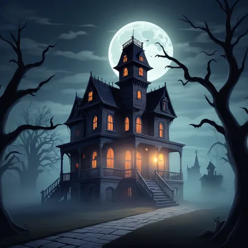 Prompt: Haunted house cartoon, spooky atmosphere, detailed architecture, eerie lighting, misty surroundings, moonlit sky, high quality, cartoonish, eerie lighting, spooky, misty