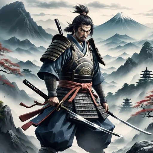 Prompt: Anime illustration of a fierce samurai on a quest, dynamic action pose with sword drawn, intense and determined expression, authentic Japanese armor with intricate details, glimpses of a misty mountain landscape in the background, high quality, highres, detailed