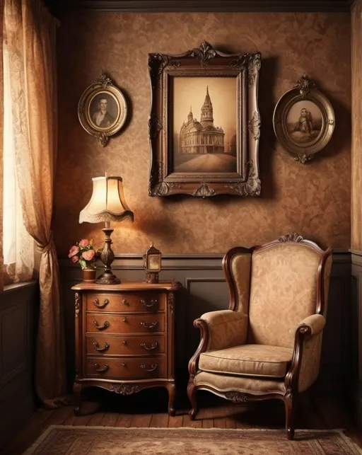 Prompt: Vintage room photo background, highly detailed, photorealistic, highres, realistic, vintage, detailed, warm tones, atmospheric lighting, antique furniture, intricate patterns, old-fashioned decor, vintage photo frame, cozy ambiance
