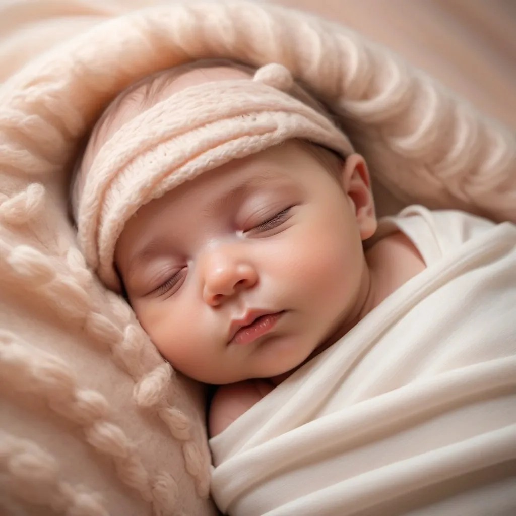 Prompt: cute sleeping baby, soft colors, peaceful and serene, delicate features, gentle lighting, high quality, detailed, realistic, calm and tranquil atmosphere, cozy and warm, soothing tones, peaceful lighting
