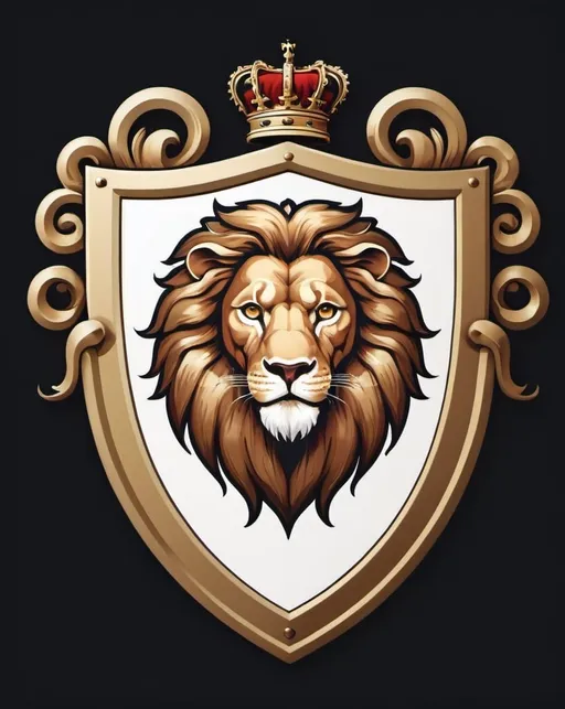 Prompt: family crest, lion shield, regal stance, high quality, white background, classic style, flat, 2d