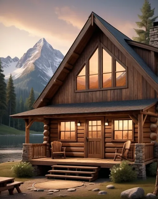 Prompt: Photorealistic traditional cabin, detailed wood texture, scenic mountain backdrop, cozy ambiance, warm lighting, realistic design, professional