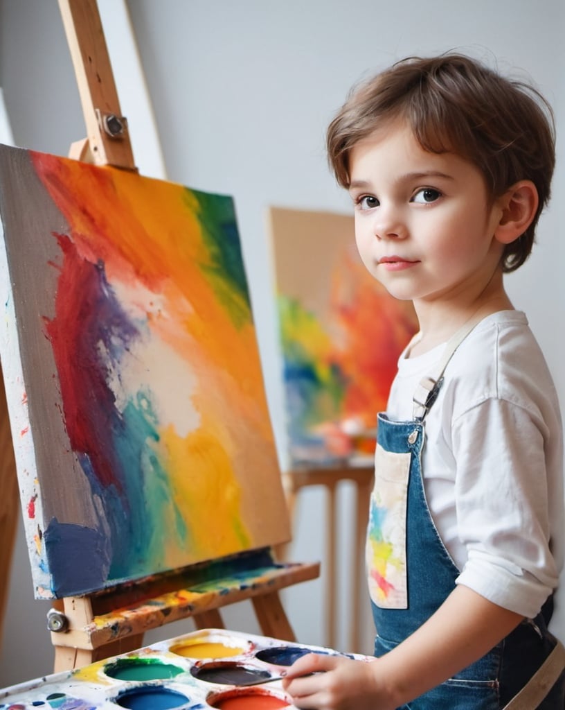 Prompt: artist kid in a studio with painting materials, bright atmosphere, creative tone