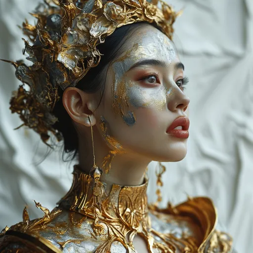 Prompt: portrait Model Made of gold and silver. Elegant and very beautiful. Crisp and Intricate Photorealism, Shot on a Sony A7RIII | Elaborate artwork on off-white paper by Tsutomu Nihei and Benedick Bana, highlighting the beauty and sensuality. Dive deep into the intricacies of serenity with soft, flowing lines and chaos with jagged, intense strokes. Painting, illustration, vibrant, cinematic, photo, portrait photography, fashion (more-detail:1.2)