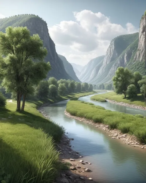 Prompt: river valley landscape, hyper-realistic, highly detailed, high resolution, high quality