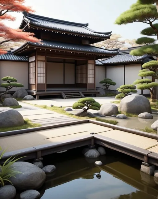 Prompt: Zen garden architecture design, photorealistic, traditional Japanese style, peaceful and serene atmosphere, high quality, realistic